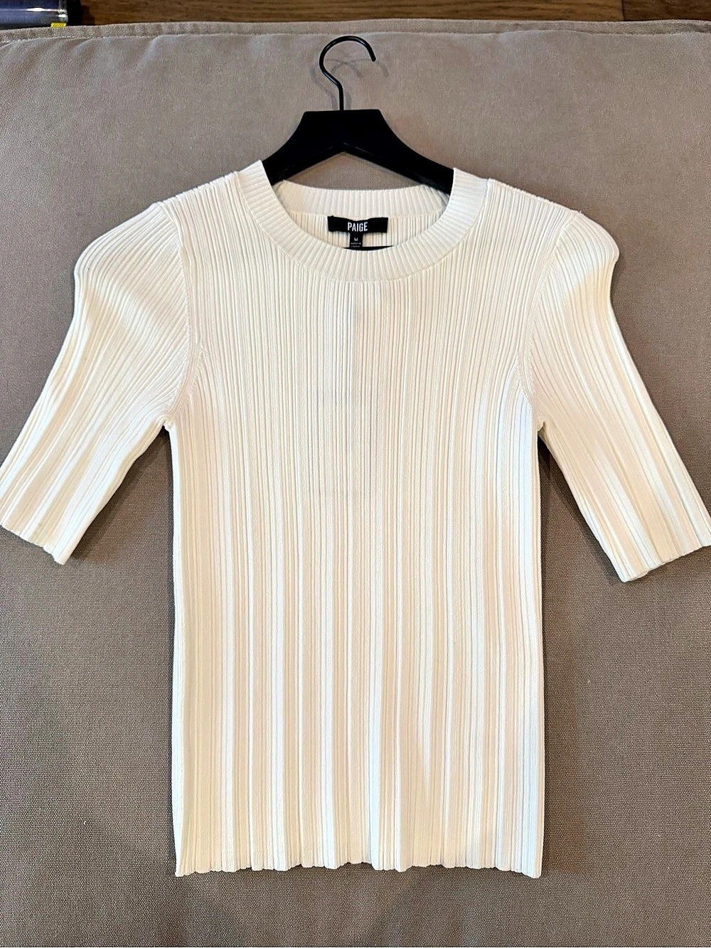 Paige Aranea Sweater Tee Ribbed Short Sleeve Top in White Medium NWT
